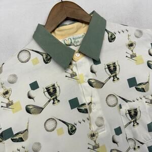 Vintage Palmland Polo Shirt Men's Large White Green Golf All Over Geometric 90s